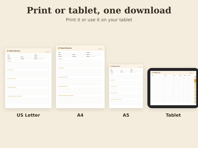 Może przedstawiać: Cyfrowa kolekcja szablon&oacute;w recenzji książek obejmująca formaty US Letter, A4 i A5 oraz dziennik czytania na tablet. Tekst zawiera napisy Print or tablet, one download, Print it or use it on your tablet, Book Review oraz Reading Log.