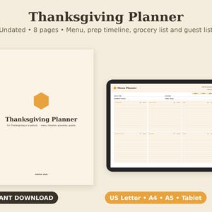 Utskrivbar Thanksgiving-planerare, knytkalasmeny, inköpslista, förberedelsetidslinje i PDF-format, A4 A5-tavla