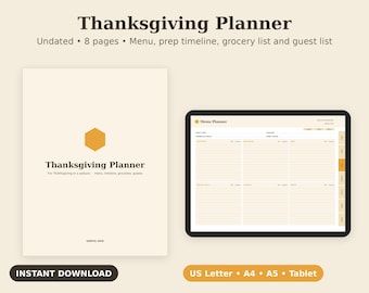Thanksgiving Planner Printable, Potluck Menu, Grocery List, Prep Timeline PDF, Letter A4 A5 Tablet