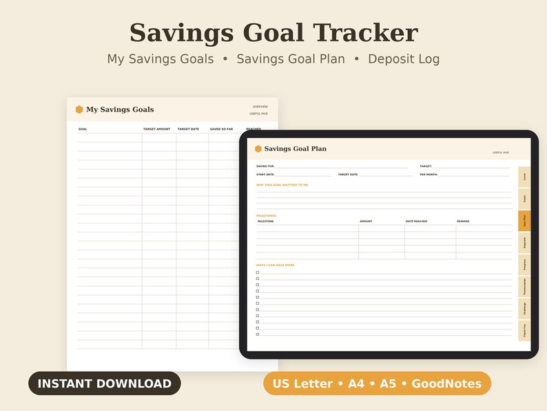 Savings Goal Tracker Printable, Money Challenge, Emergency Fund Log PDF, Letter A4 A5 GoodNotes imagem 1