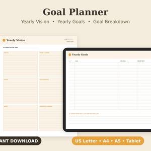 Goal Planner Printable, Yearly Vision Worksheet, Action Steps Tracker PDF, Letter A4 A5 Tablet