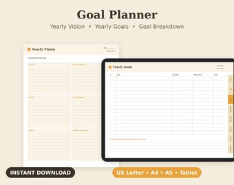 Agenda per la pianificazione degli obiettivi stampabile, foglio di lavoro per la visione annuale, tracker delle azioni in formato PDF, formato Letter A4 A5 Tablet