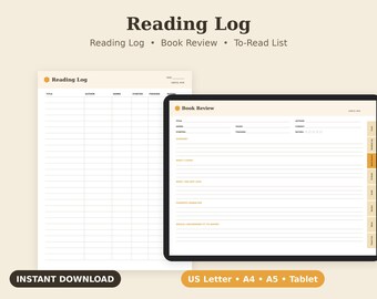 Reading Log Printable, Book Tracker, Review Journal, TBR List PDF, Letter A4 A5 Tablet