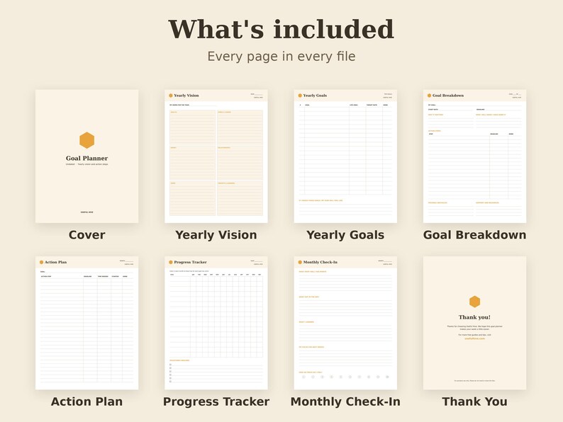 Goal Planner Printable, Yearly Vision Worksheet, Action Steps Tracker PDF, Letter A4 A5 GoodNotes 画像 2