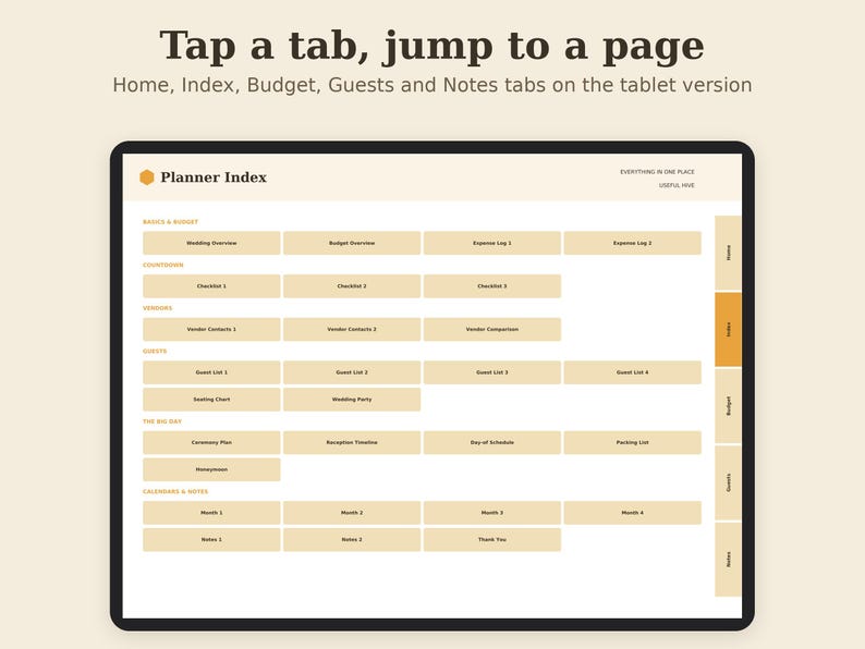 Utskrivbar bröllopsplanerare, budgetöversikt, gästlista, bordslista i PDF-format, A4 A5-tavla bild 7