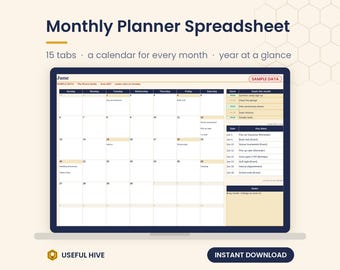 Monthly Planner Spreadsheet, Digital Calendar Template, Yearly Overview, Event Tracker, Goal Checklist
