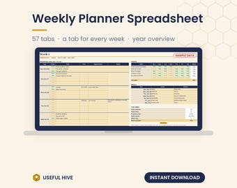 Weekly Planner Spreadsheet, Digital Habit Tracker, Meal Plan, To Buy List, Year Overview Chart