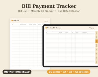 Bill Payment Tracker Printable, Due Date Checklist, Expense Log PDF, Letter A4 A5 GoodNotes