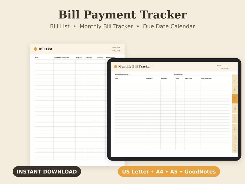 Bill Payment Tracker Printable, Due Date Checklist, Expense Log PDF, Letter A4 A5 GoodNotes image 1