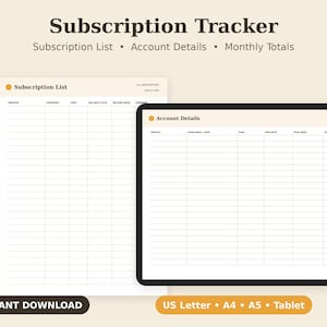 Subscription Tracker Printable, Recurring Payment Log, Streaming Service List PDF, Letter A4 A5 Tablet