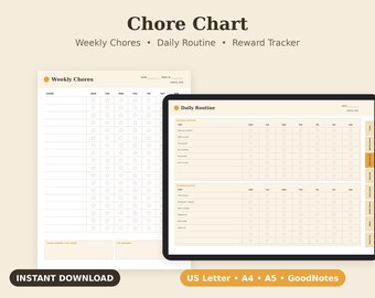 Chore Chart for Kids Printable, Responsibility Tracker, Reward Sheet PDF, Letter A4 A5 GoodNotes
