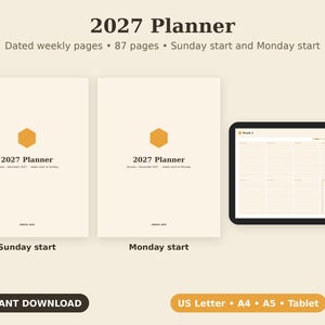 Utskrivbar kalender för 2027, daterade veckoblad, måndag-söndagsstart PDF, Letter A4 A5-tavla