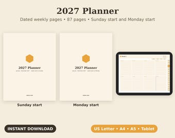 2027 Planner Printable, Dated Weekly Pages, Monday Sunday Start PDF, Letter A4 A5 Tablet