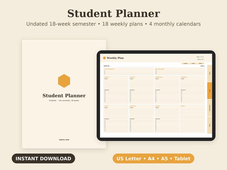 Planejador Estudantil Imprimível, Semestre Sem Data, Rastreador de Tarefas, Horário de Aulas em PDF, Tamanhos Carta, A4, A5 e Tablet imagem 1