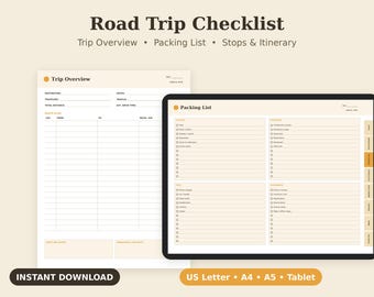 Road Trip Checklist Printable, Travel Packing List, Vacation Planner PDF, Letter A4 A5 Tablet