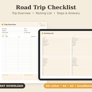Road Trip Checklist Printable, Travel Packing List, Vacation Planner PDF, Letter A4 A5 GoodNotes image 1