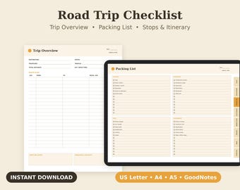 Road Trip Checklist Printable, Travel Packing List, Vacation Planner PDF, Letter A4 A5 GoodNotes