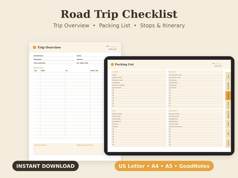Road Trip Checklist Printable, Travel Packing List, Vacation Planner PDF, Letter A4 A5 GoodNotes image 1