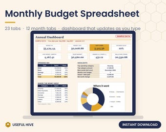 Monthly Budget Spreadsheet, Annual Dashboard, Bill Tracker, Debt Snowball Avalanche, Savings Goals, Net Worth