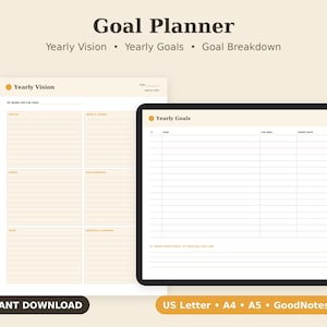 Goal Planner Printable, Yearly Vision Worksheet, Action Steps Tracker PDF, Letter A4 A5 GoodNotes 画像 1