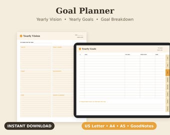 Goal Planner Printable, Yearly Vision Worksheet, Action Steps Tracker PDF, Letter A4 A5 GoodNotes