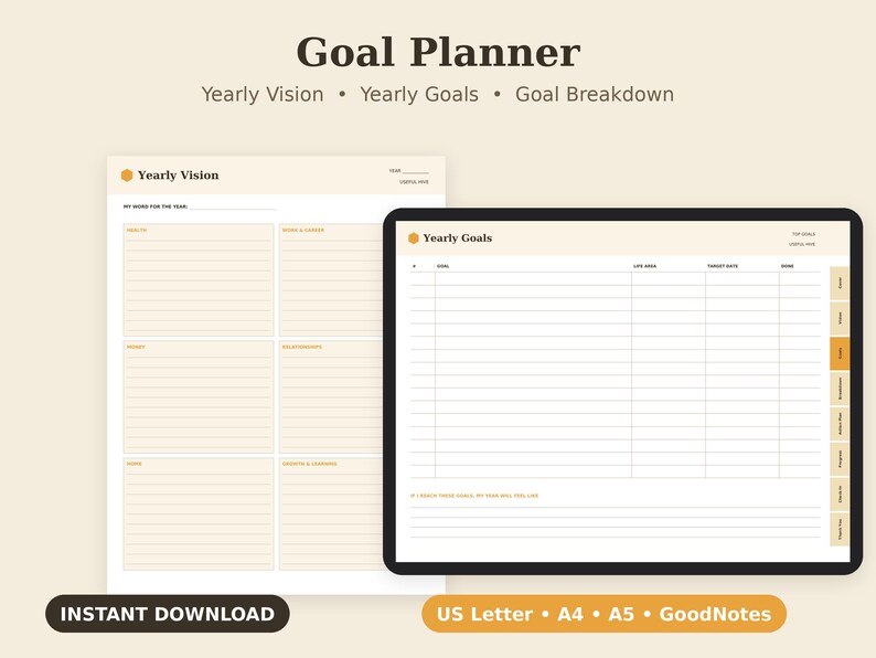 Goal Planner Printable, Yearly Vision Worksheet, Action Steps Tracker PDF, Letter A4 A5 GoodNotes 画像 1