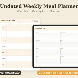 Undated Weekly Meal Planner Printable, Grocery List, Food Prep PDF, Letter A4 A5 GoodNotes Bild 1