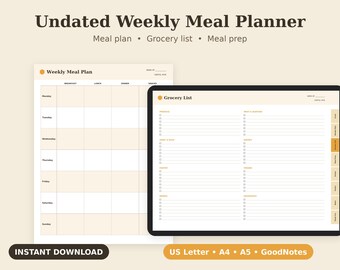 Undated Weekly Meal Planner Printable, Grocery List, Food Prep PDF, Letter A4 A5 GoodNotes