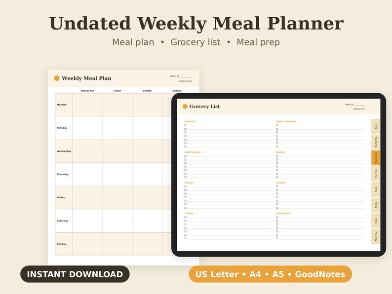 Undated Weekly Meal Planner Printable, Grocery List, Food Prep PDF, Letter A4 A5 GoodNotes Bild 1