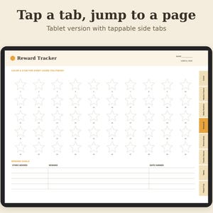 May include: A digital reward tracker interface on a tablet screen featuring a grid of outline stars for coloring, a reward goals table, and vertical side navigation tabs labeled Cover, Weekly Chore, Daily Routine, Rewards, Chore Ideas, Family Chores, Notes, and Thank You.
