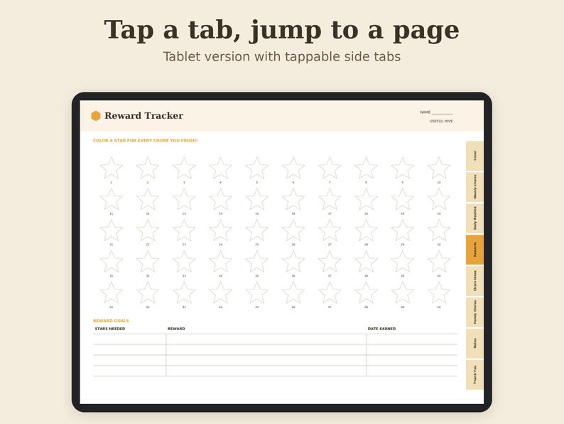 May include: A digital reward tracker interface on a tablet screen featuring a grid of outline stars for coloring, a reward goals table, and vertical side navigation tabs labeled Cover, Weekly Chore, Daily Routine, Rewards, Chore Ideas, Family Chores, Notes, and Thank You.