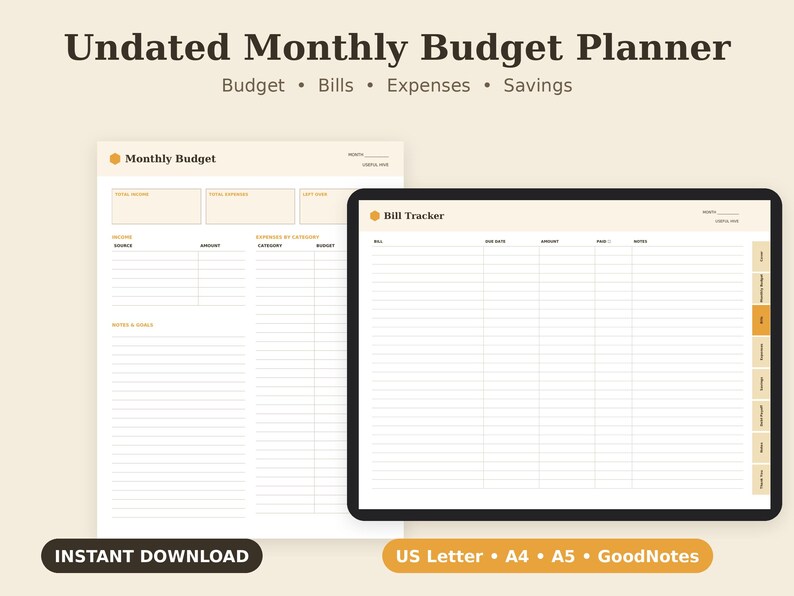 Monthly Budget Planner Printable, Expense Tracker, Bill Organizer, Savings PDF, Letter A4 A5 GoodNotes image 1