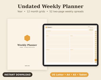 Planificador semanal sin fecha imprimible, calendario mensual, resumen anual en PDF, tamaño carta, A4 y A5 (GoodNotes)
