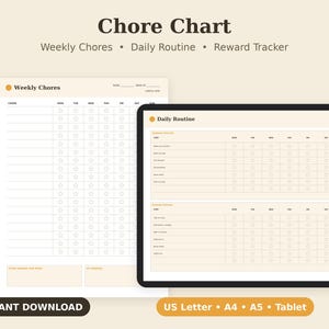 Chore Chart for Kids Printable, Responsibility Tracker, Reward Sheet PDF, Letter A4 A5 Tablet image 1