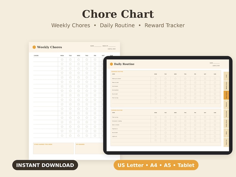 Chore Chart for Kids Printable, Responsibility Tracker, Reward Sheet PDF, Letter A4 A5 Tablet image 1