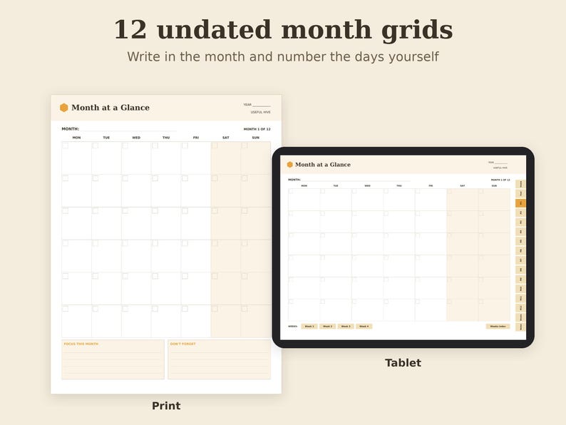 Undated Weekly Planner Printable, Monthly Calendar, Year Overview PDF, Letter A4 A5 Tablet image 3
