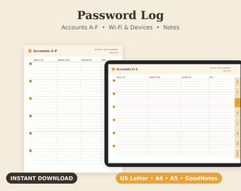 Password Hint Log Printable, Login Reminder Sheet, Account Organizer PDF, Letter A4 A5 GoodNotes