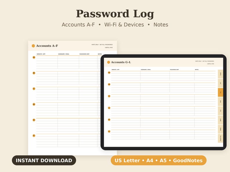 Password Hint Log Printable, Login Reminder Sheet, Account Organizer PDF, Letter A4 A5 GoodNotes imagen 1