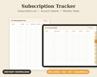 Subscription Tracker Printable, Recurring Payment Log, Streaming Service List PDF, Letter A4 A5 GoodNotes