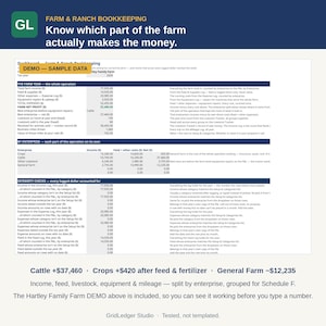 Pode incluir: Um painel digital para contabilidade de fazendas e ranchos intitulado Farm & Ranch Bookkeeping. Exibe dados financeiros da Hartley Family Farm, incluindo receitas, despesas, lucro líquido e detalhamentos por empresa, culturas e gado.