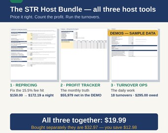 May include: A digital product bundle titled The STR Host Bundle by Gridledger Studio, featuring three spreadsheet tools: Repricing, Profit Tracker, and Turnover Ops. The image displays sample data, workbook layouts, and pricing information for Excel and Google Sheets.