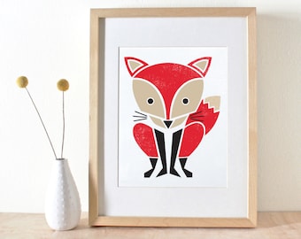 May include: A framed print of a red, geometric fox with black legs and a tan face. The fox is standing on a white background.