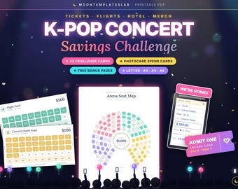 May include: A K-Pop Concert Savings Challenge printable PDF set featuring an arena seat map, flight and concert outfit fund trackers, and spend cards. Text includes K-POP CONCERT Savings Challenge, Arena Seat Map, and WE'RE GOING!