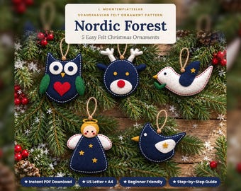 Scandinavian Felt Ornament Patterns, Navy Woodland Animals Set of 5, Owl Reindeer Dove Angel Bird, Easy Hand Sewing PDF Templates