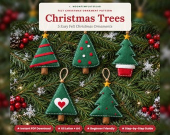 Christmas Tree Felt Ornament Patterns, Set of 5, Garland Cone Potted Love and Tiered Tree, Easy Hand Sewing PDF Templates