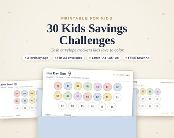 May include: A set of printable savings challenge trackers for kids featuring the text 30 Kids Savings Challenges. The cards include various coin-shaped circles with dollar amounts to color in, designed to fit inside A6 envelopes.