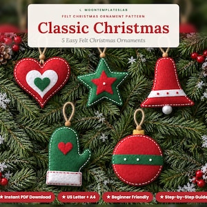 Felt Christmas Ornament Patterns, Classic Set of 5, Heart Star Bell Mitten Bauble, Easy Beginner Hand Sewing PDF Templates