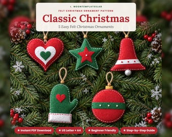 Felt Christmas Ornament Patterns, Classic Set of 5, Heart Star Bell Mitten Bauble, Easy Beginner Hand Sewing PDF Templates