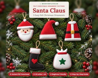 Santa Felt Ornament Patterns, Set of 5, Santa Face Hat Coat Boot and Sack, Easy Beginner Christmas Hand Sewing PDF Templates