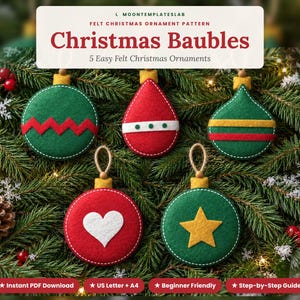 Bauble Felt Ornament Patterns, Set of 5, Zigzag Teardrop Onion Heart Star Bauble, Easy Beginner Christmas Hand Sewing PDF Templates